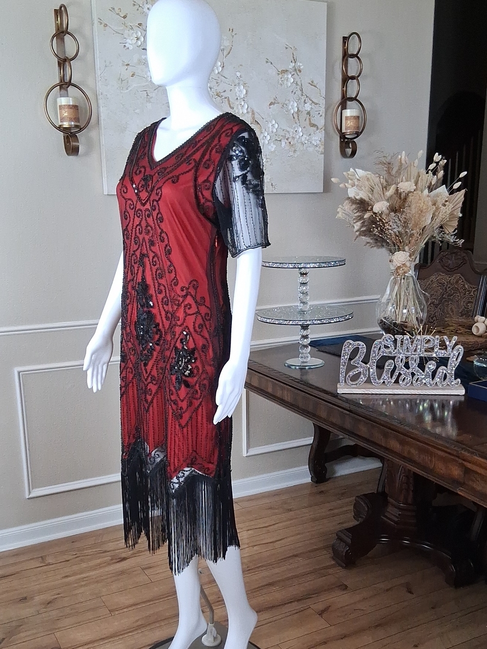 New Women's Red And Black Beaded V-Neck Fringe Cocktail Summer Dress Medium - Picture 11 of 16